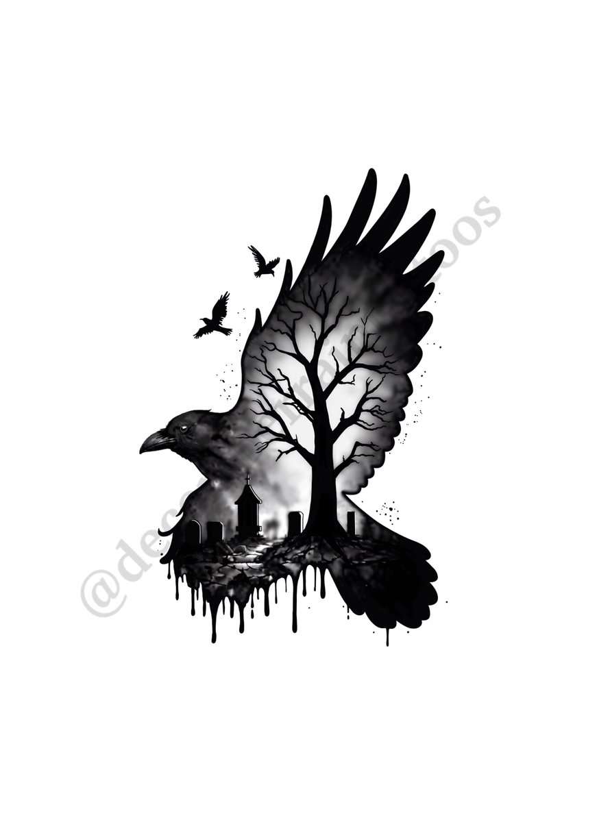 Raven & Cemetery tattoo flash
