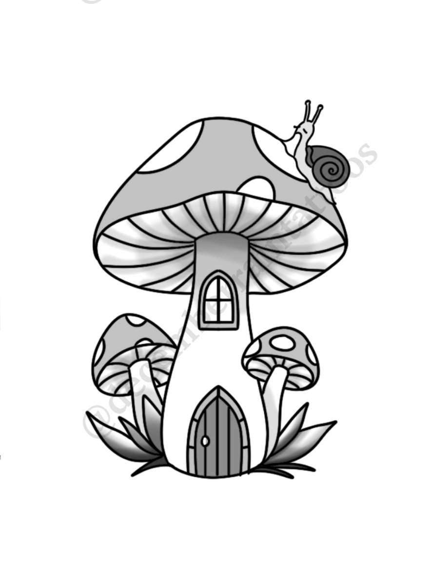 Mushroom Cottage Snail tattoo flash by Anaka Kent