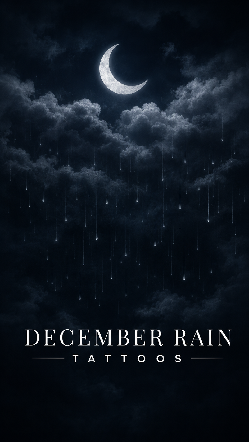 Crescent moon over rain clouds with the December Rain Tattoos wordmark